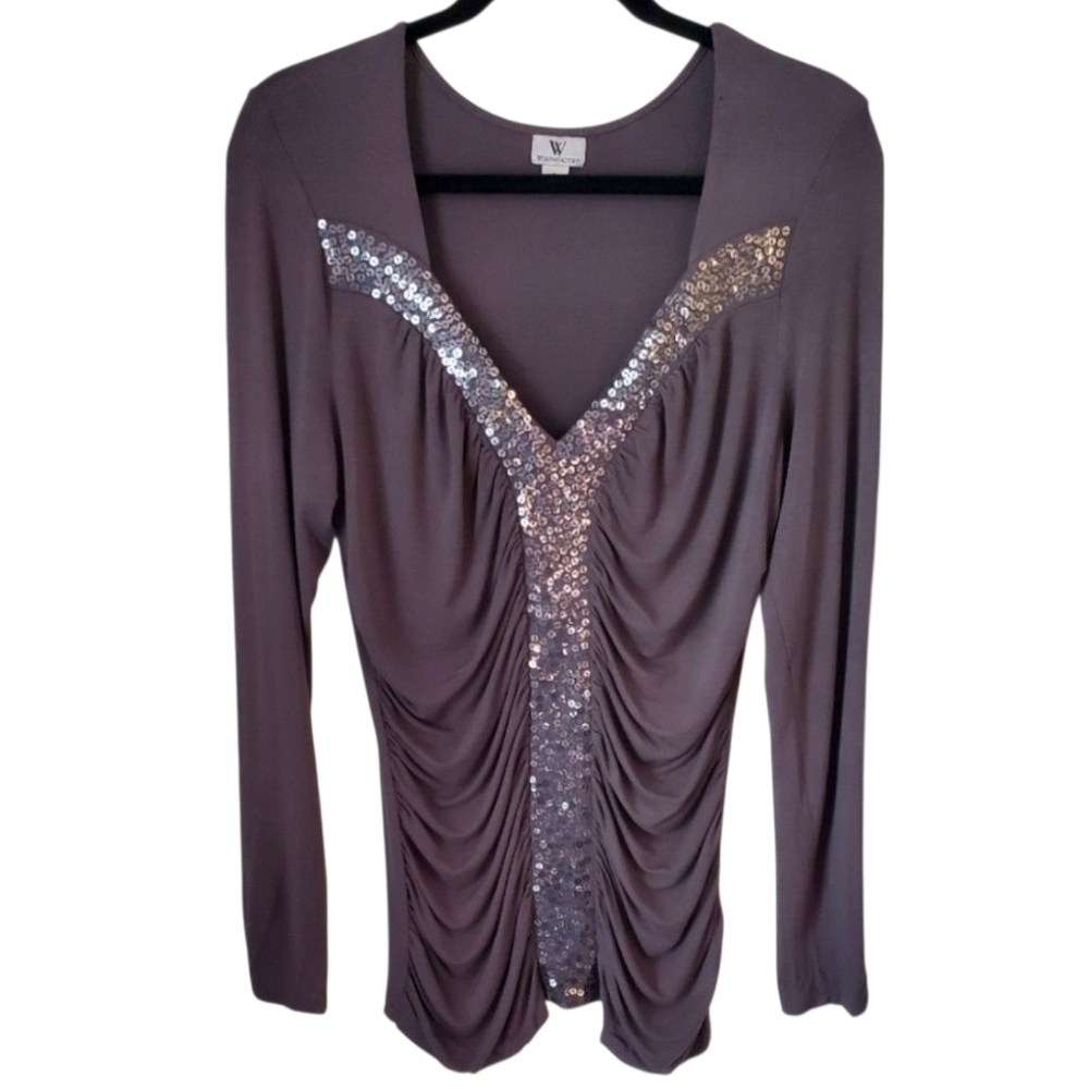 Worthington Long Sleeve Sequin-Embellished Gray Top Size L